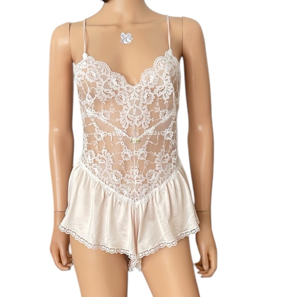Vintage White Lace and Pink Teddy Bodysuit Elegant Romper - Picture 1 of 12